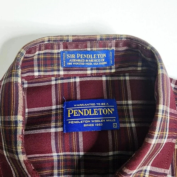 Sir Pendleton Button Shirt 100% Virgin Wool Maroon Plaid Size Large - Picture 2 of 5